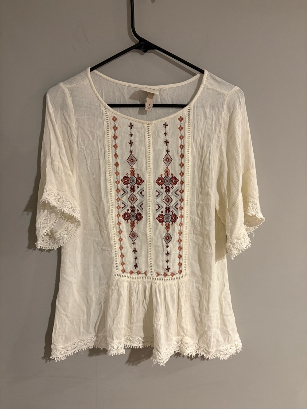 Knox Rose Ivory Embroidered Boho Peasant Top Size S